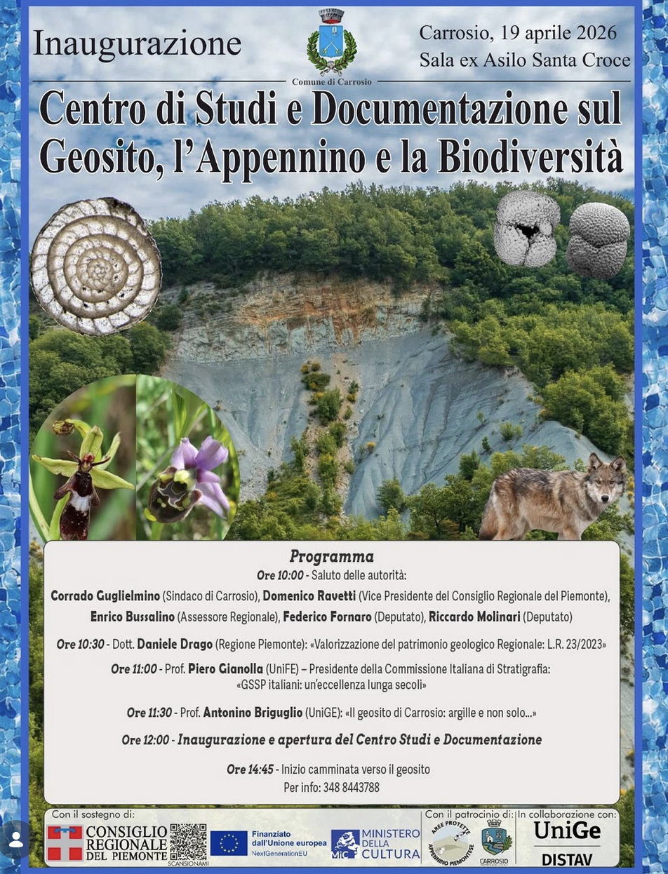 Domenica 19 aprile 2026, il Comune di Carrosio taglia il nastro del nuovo Centro di Studi e Documentazione sul Geosito, l’Appennino e la Biodiversità.

Una mattinata dedicata alla scoperta del patrimonio geologico piemontese con interventi di esperti universitari e rappresentanti delle istituzioni, che culminerà nell’apertura ufficiale del centro alle ore 12:00.

🥾 Non dimenticare gli scarponi: nel pomeriggio, alle 14:45, è prevista una camminata guidata verso il geosito #gssp per osservare da vicino le meraviglie naturali del nostro territorio.

Vi aspettiamo!
